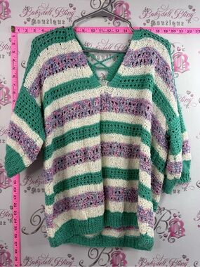 Hand knit by mom Striped Crochet V-Neck Sweater in Green, Cream & Lavender